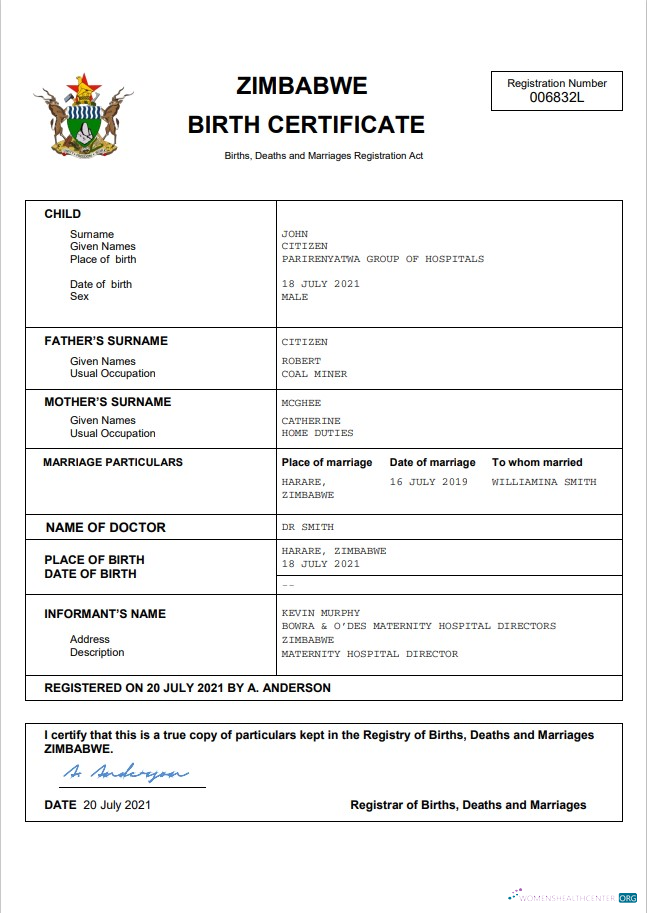 Download Zimbabwe vital record birth certificate Word and PDF template Photoshop template